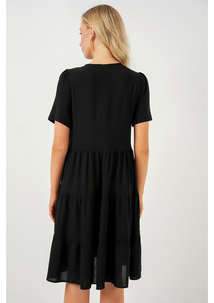 Kadın BDART Kemerli, Düğme Detaylı, Kısa Kollu Mini Elbise Black