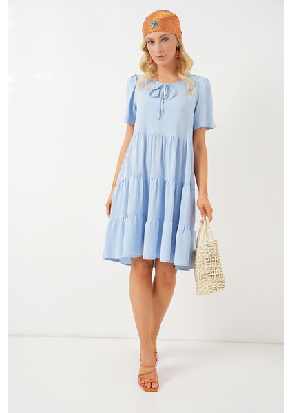 Kadın BDART Kemerli, Düğme Detaylı, Kısa Kollu Mini Elbise Maya Mavisi modelleri