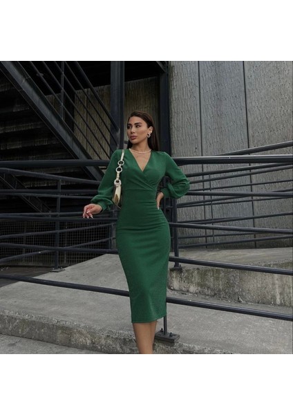 Kadın Kruvaze Yaka Balon Kol Imli Krep Kumaş Idi Boy Elbise fiyatları