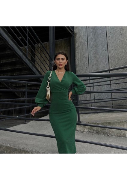 Kadın Kruvaze Yaka Balon Kol Imli Krep Kumaş Idi Boy Elbise modelleri