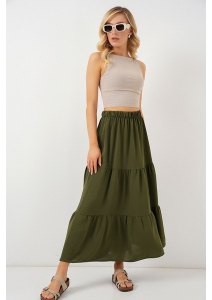 Kadın BDART Dokulu Maxi Etek Haki Yeşil