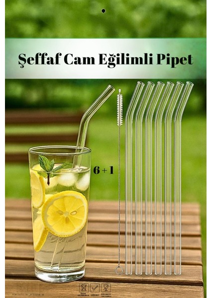 Şeffaf Cam Pipet Seti 6+1 – Eğilimli Tekrar Kullanılabilir Pipet ve Temizleme Fırçası