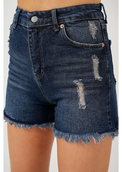 Kadın BDART Yüksek Bel Yırtık Kot Şort Lacivert fiyatları