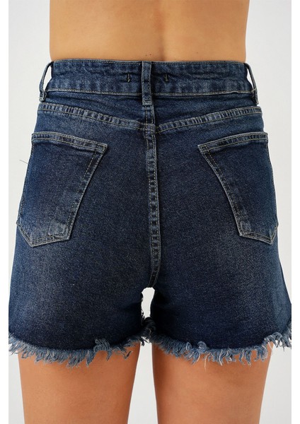 Kadın BDART Yüksek Bel Yırtık Kot Şort Lacivert