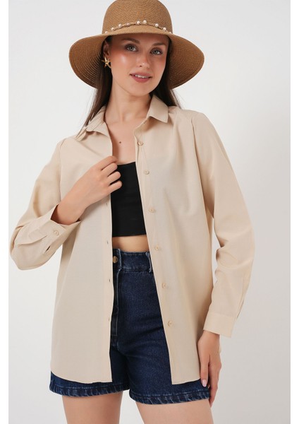 Kadın BDART Düğme Kapamalı Kapitone Poplin Gömlek Natural