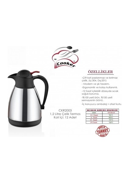 Cooker 1,2 Litre Çift Katlı Paslanmaz Çelik Sürahi Termos fiyatları