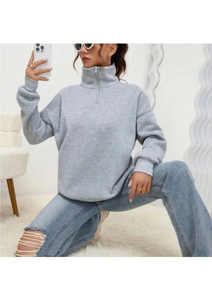 Unisex Uzun Kol Yarım Farmuarlı Yakalı Basic Weathirt Gri