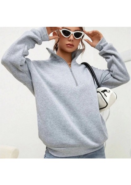 Unisex Uzun Kol Yarım Farmuarlı Yakalı Basic Weathirt Gri fiyatları