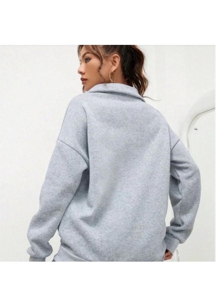 Unisex Uzun Kol Yarım Farmuarlı Yakalı Basic Weathirt Gri modelleri