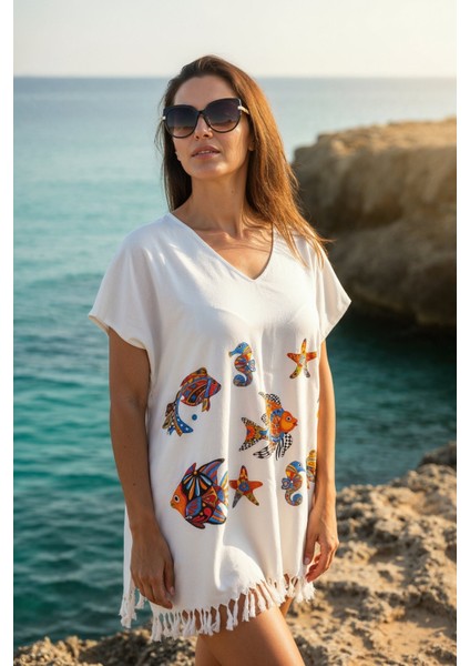 Plaj Elbisesi Bambu Peştemal Tropikal Balık Desen Beyaz Renk