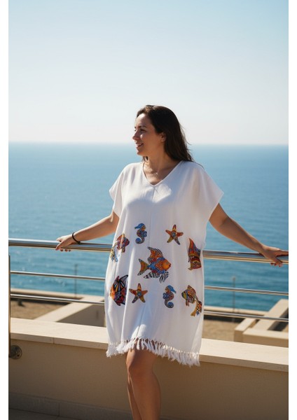 Plaj Elbisesi Bambu Peştemal Tropikal Balık Desen Beyaz Renk fiyatları