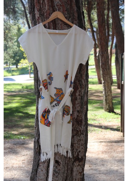 Plaj Elbisesi Bambu Peştemal Tropikal Balık Desen Beyaz Renk indirimleri