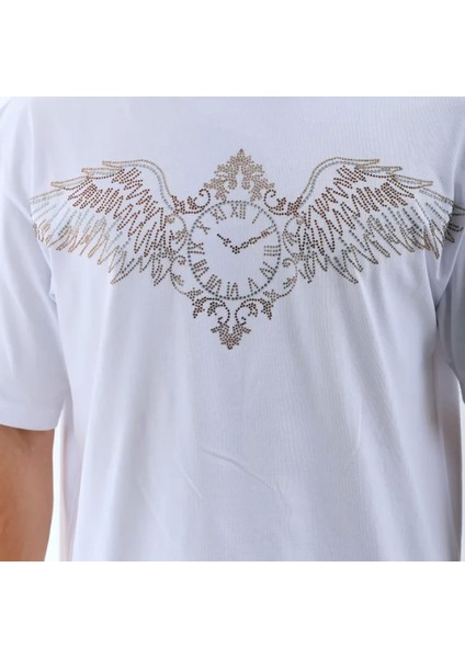 Unisex Oversize Taşlı Bisiklet Yaka Thirt Beyaz