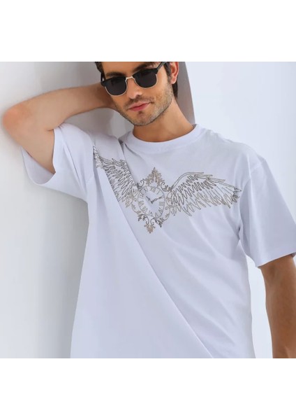 Unisex Oversize Taşlı Bisiklet Yaka Thirt Beyaz modelleri