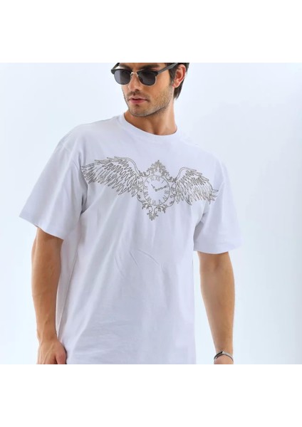 Unisex Oversize Taşlı Bisiklet Yaka Thirt Beyaz fırsatları