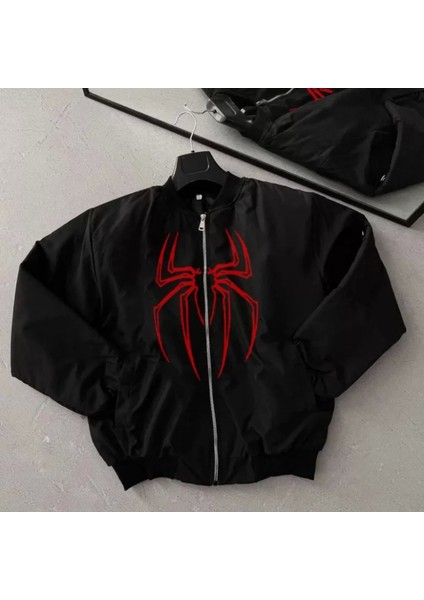 Unisex Uzun Kol Örümcek Baskılı Bomber Ceket Iyah