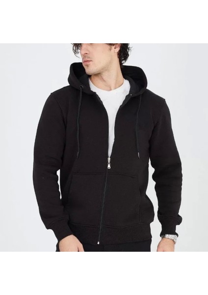 Erkek Kapüşonlu Düz Fermuarlı Hırka Iyah