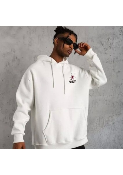 Unisex Kapşonlu Baskılı Weetshirt Beyaz