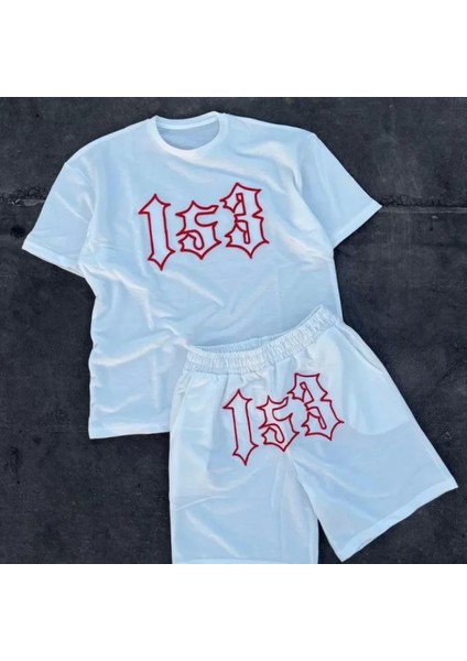 Erkek Nakış Işlemeli Şortlu Takım Beyaz