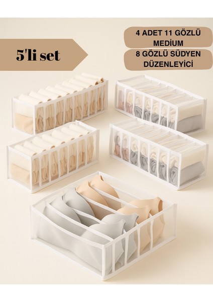 5 Li Set / 4 Adet 11 Gözlü Medium Çekmece Içi Organizer + 8 Gözlü Südyen Düzenleyici