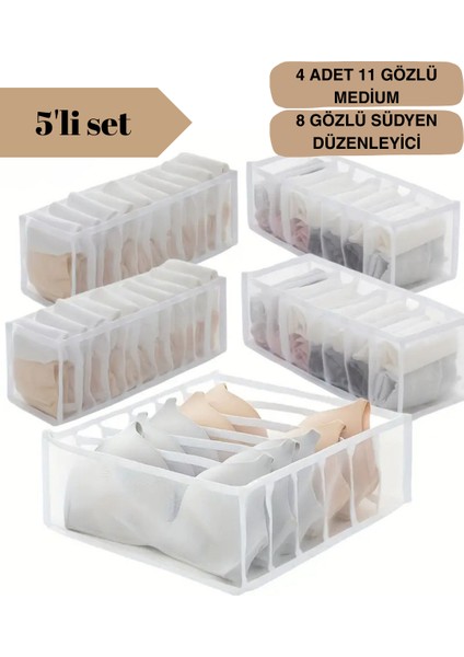 5 Li Set / 4 Adet 11 Gözlü Medium Çekmece Içi Organizer + 8 Gözlü Südyen Düzenleyici modelleri