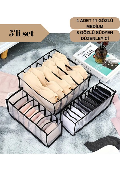 5 Li Set / 4 Adet 11 Gözlü Medium Çekmece Içi Organizer + 8 Gözlü Südyen Düzenleyici fırsatları