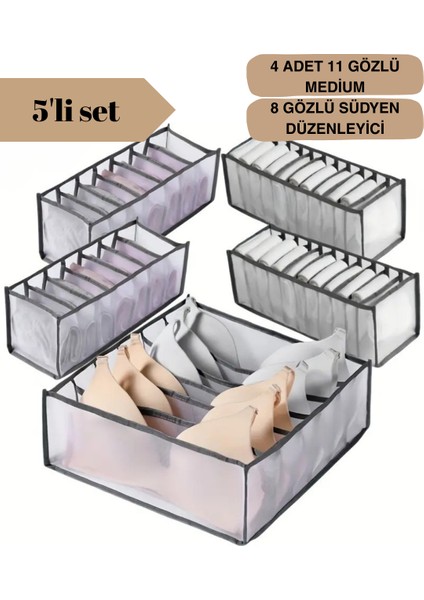 5 Li Set / 4 Adet 11 Gözlü Medium Çekmece Içi Organizer + 8 Gözlü Südyen Düzenleyici indirimleri