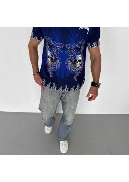 Unisex Bisiklet Yaka Baskılı Oversize Thirt Acivert