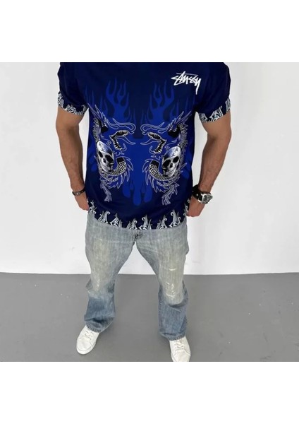 Unisex Bisiklet Yaka Baskılı Oversize Thirt Acivert fiyatları