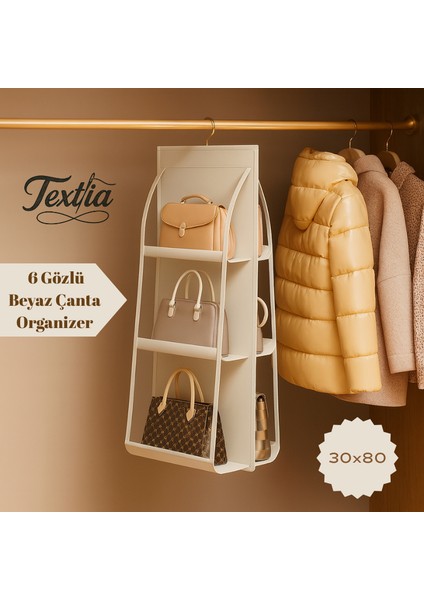 Beyaz 6'lı Dolap Içi Askılı Çanta Düzenleyici - Çanta ve Ayakkabı Organizer - 6 Gözlü Çanta Askısı
