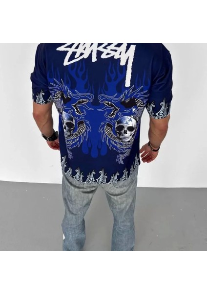 Unisex Bisiklet Yaka Baskılı Oversize Thirt Acivert fırsatları