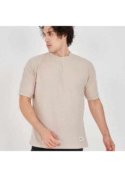 Unisex Waffle Kumaş Rahat Kol Thirt Bej