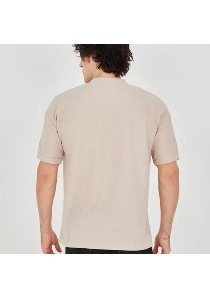 Unisex Waffle Kumaş Rahat Kol Thirt Bej fırsatları