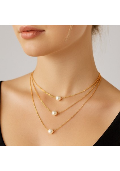 Altın Renk Üç Katmanlı Üç Incili Kolye