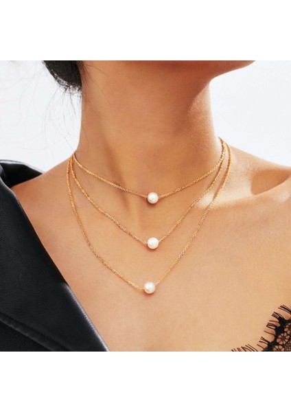 Altın Renk Üç Katmanlı Üç Incili Kolye modelleri