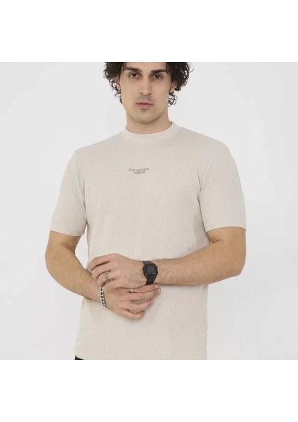 Unisex Bisiklet Yaka Lim Fit Thirt Bej