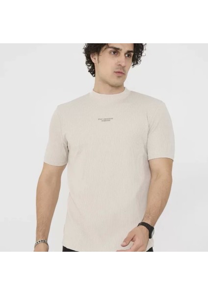 Unisex Bisiklet Yaka Lim Fit Thirt Bej fırsatları