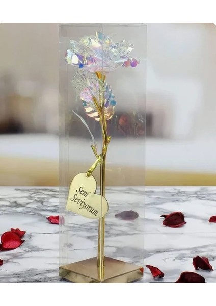 Işıltılı Cam Gül – Seni Seviyorum Yazılı Özel Hediye (Sonsuzluk Gülü)