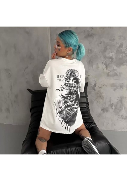 Unisex Baskılı Oversize Thirt Beyaz