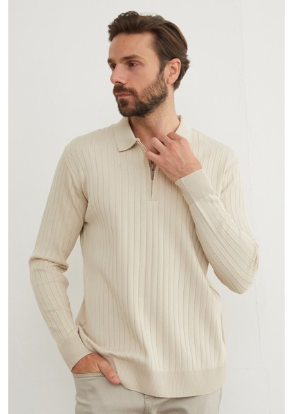 Fitilli Yarım Fermuarlı Polo Yaka Triko Kazak