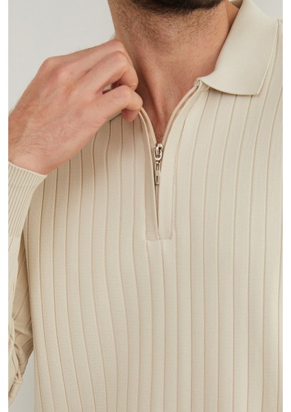 Fitilli Yarım Fermuarlı Polo Yaka Triko Kazak