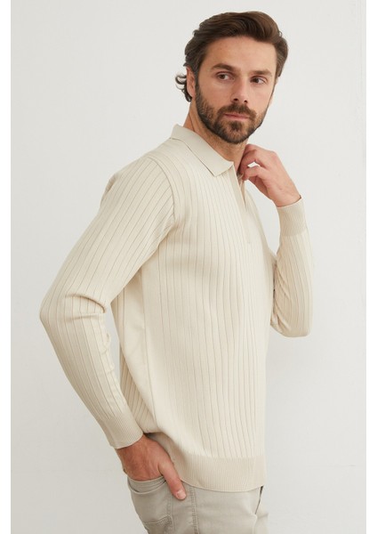 Fitilli Yarım Fermuarlı Polo Yaka Triko Kazak