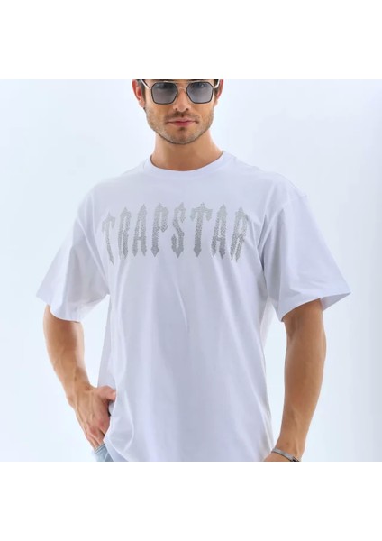 Unisex Oversize Taşlı Bisiklet Yaka Thirt Beyaz