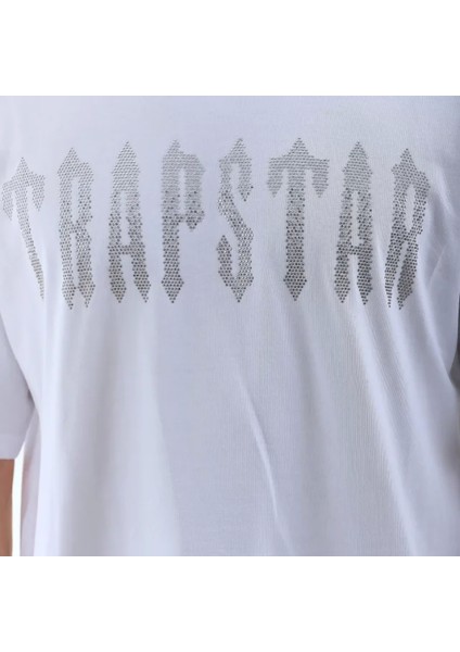 Unisex Oversize Taşlı Bisiklet Yaka Thirt Beyaz modelleri