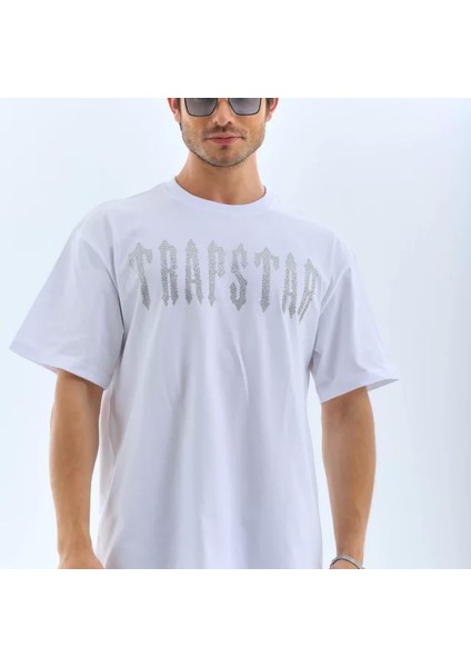 Unisex Oversize Taşlı Bisiklet Yaka Thirt Beyaz fırsatları