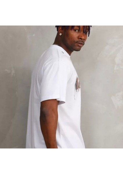 Unisex Kuşgözü Detaylı Baskılı Oversize Thirt Beyaz fırsatları