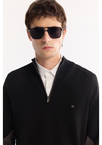 Erkek Siyah Dik Yaka Fermuarlı Rayon Tüylenmeyen Triko Regular Fit Kazak A52Y5020 fırsatları