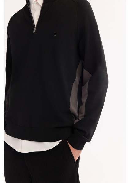 Erkek Siyah Dik Yaka Fermuarlı Rayon Tüylenmeyen Triko Regular Fit Kazak A52Y5020 modelleri