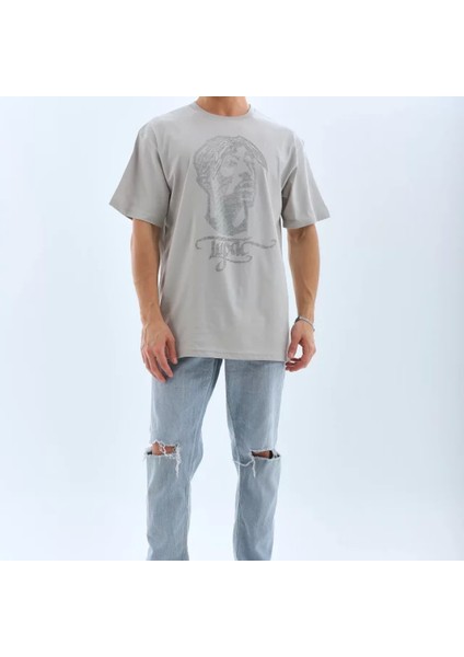 Unisex Oversize Taşlı Bisiklet Yaka Thirt Gri