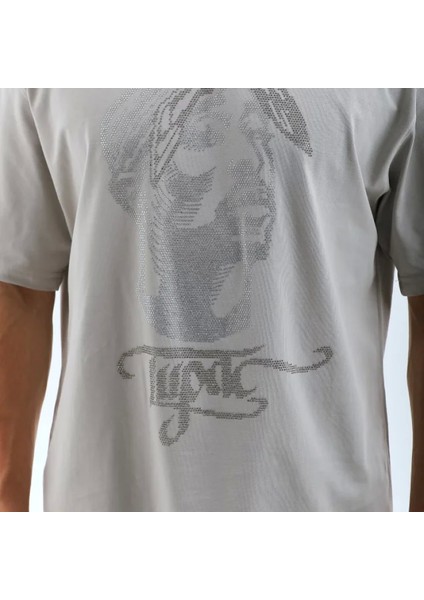 Unisex Oversize Taşlı Bisiklet Yaka Thirt Gri modelleri